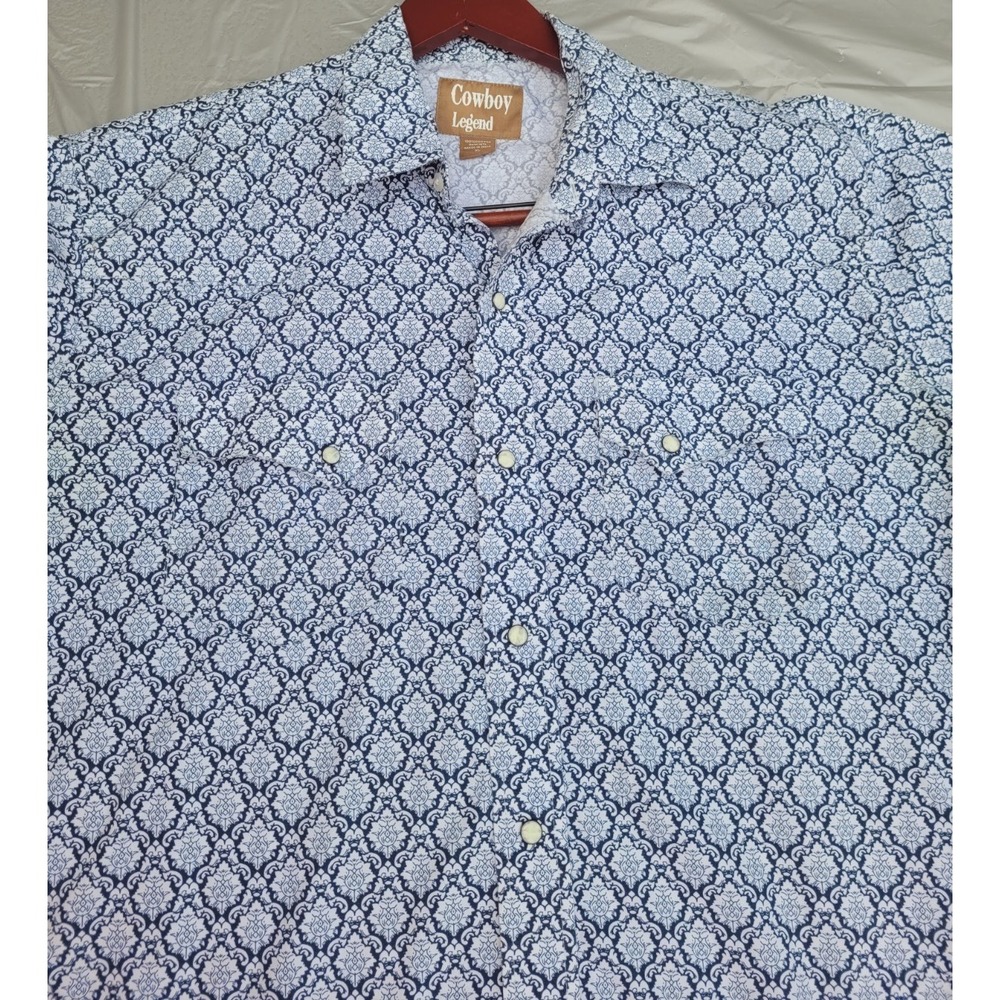 Cowboy Legend Pearl Snap Western Shirt Mens XL Blue Print Short Sleeve Rodeo